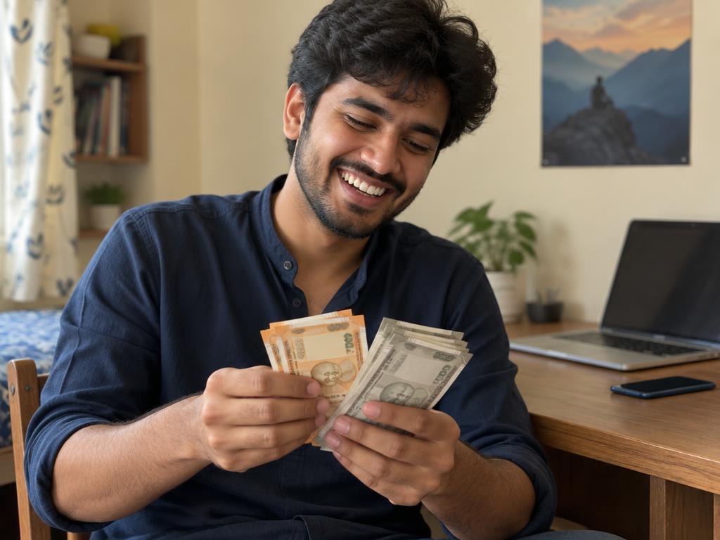 Man laughing while counting a stack of Indian rupee notes at home