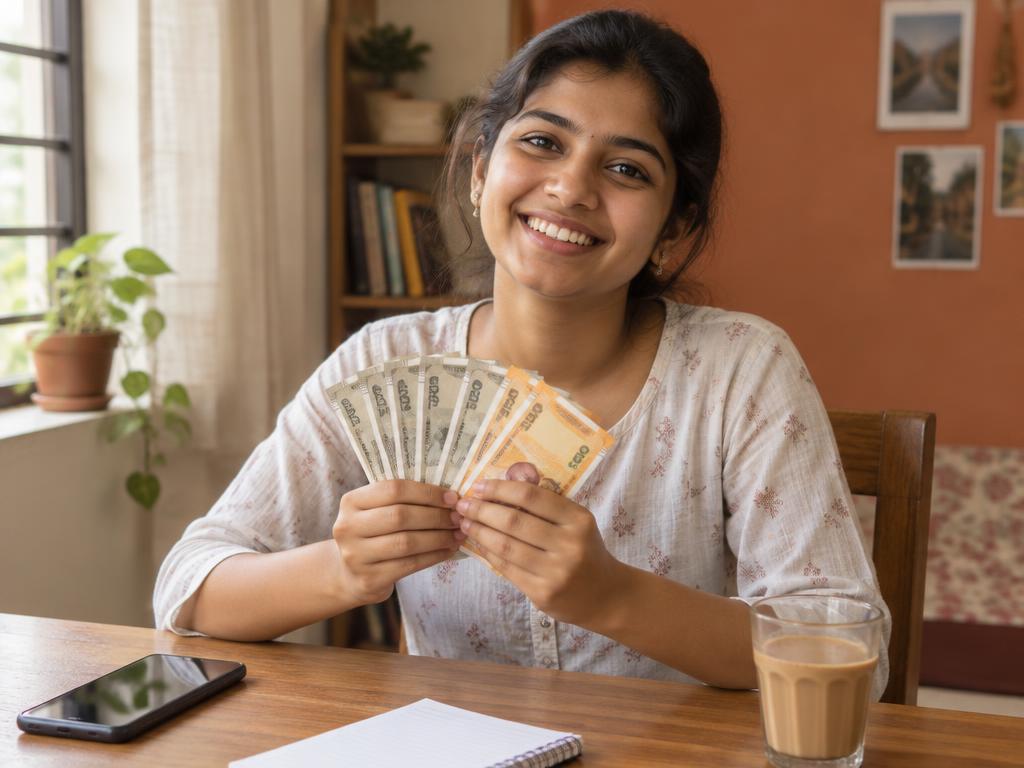 Young woman smiling at her desk holding Indian rupee notes she just earned
