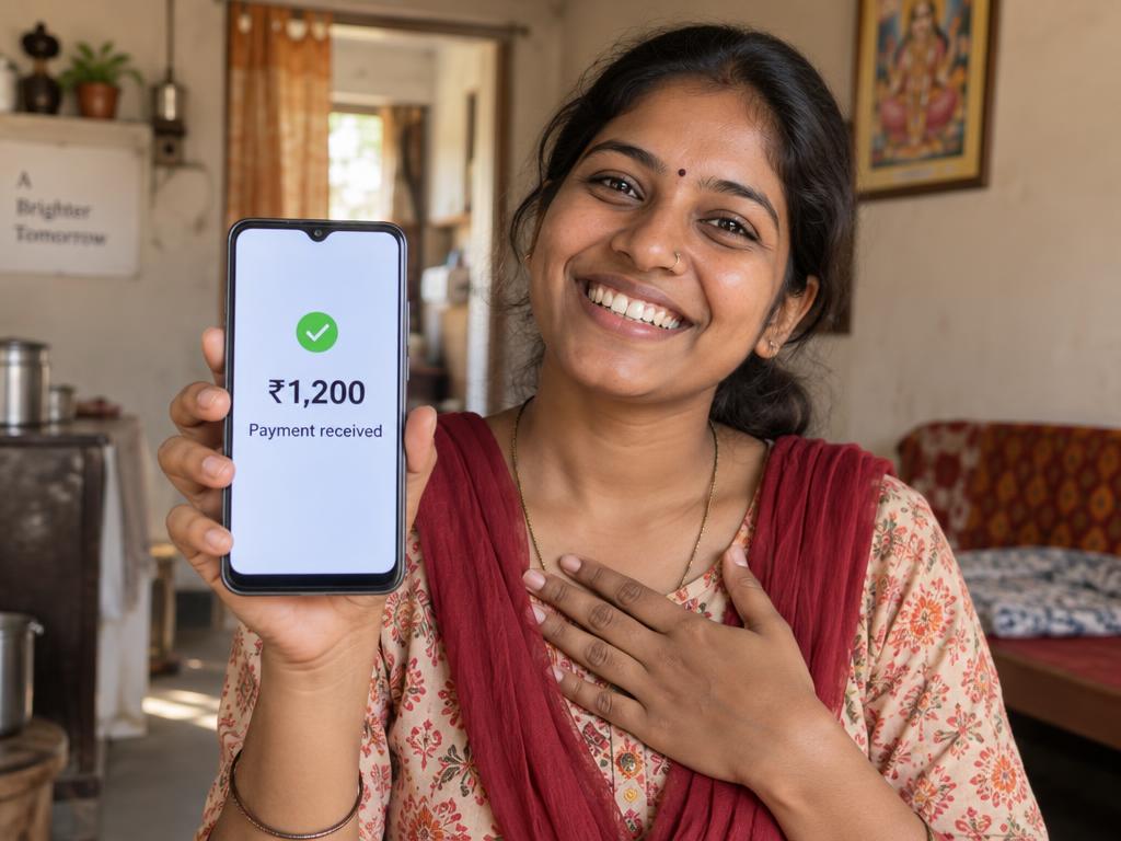 Young woman proudly holding up her phone showing a payment received screen