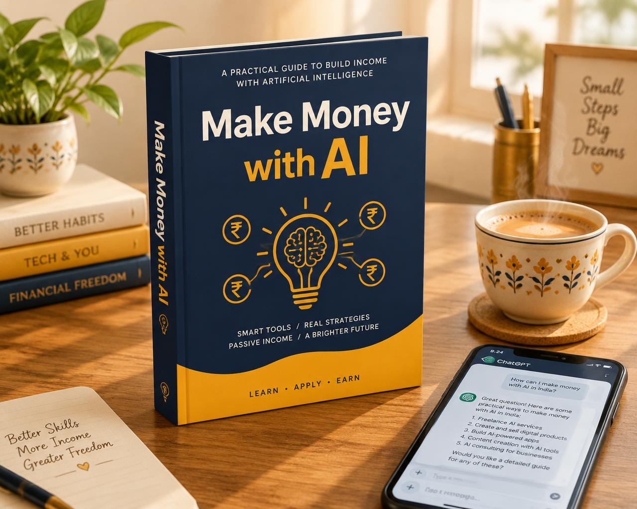Make Money with AI eBook on a desk with phone and chai