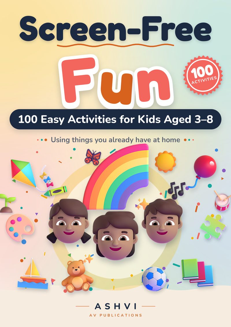 Screen-Free Fun eBook cover with smiling children, a rainbow and toys