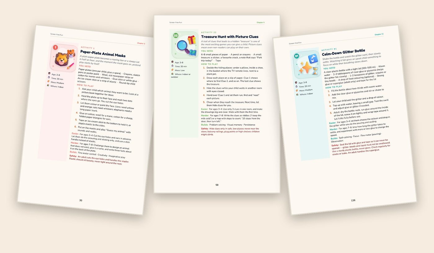 Three sample activity pages from Screen-Free Fun